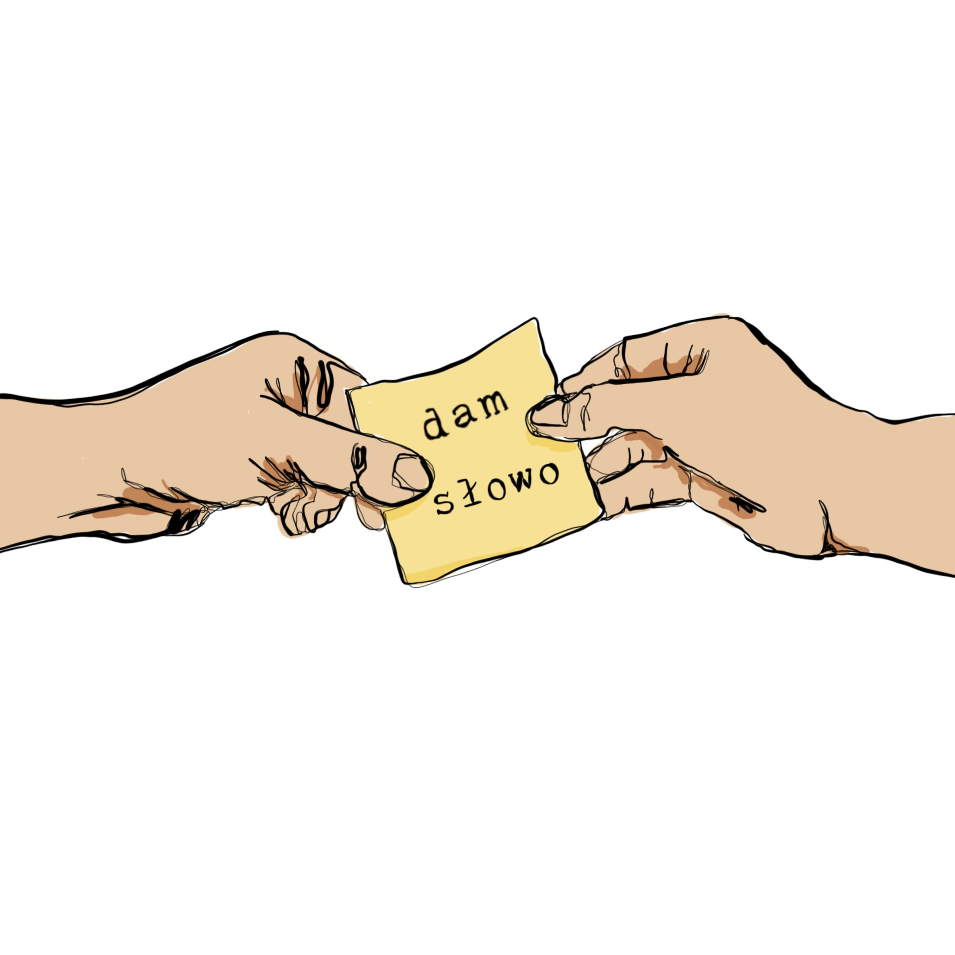 Obrazek z rękami podającymi sobie żółtą kartkę z napisem "dam słowo"
